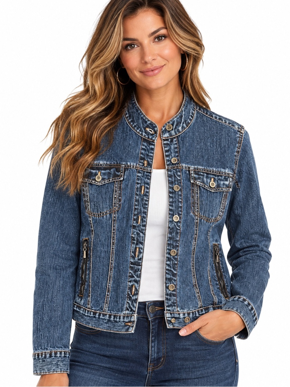 FRENCH CUFF Denim Jacket Women’s Dark Wash Zip Pocket Moto Trucker Jean Jacket